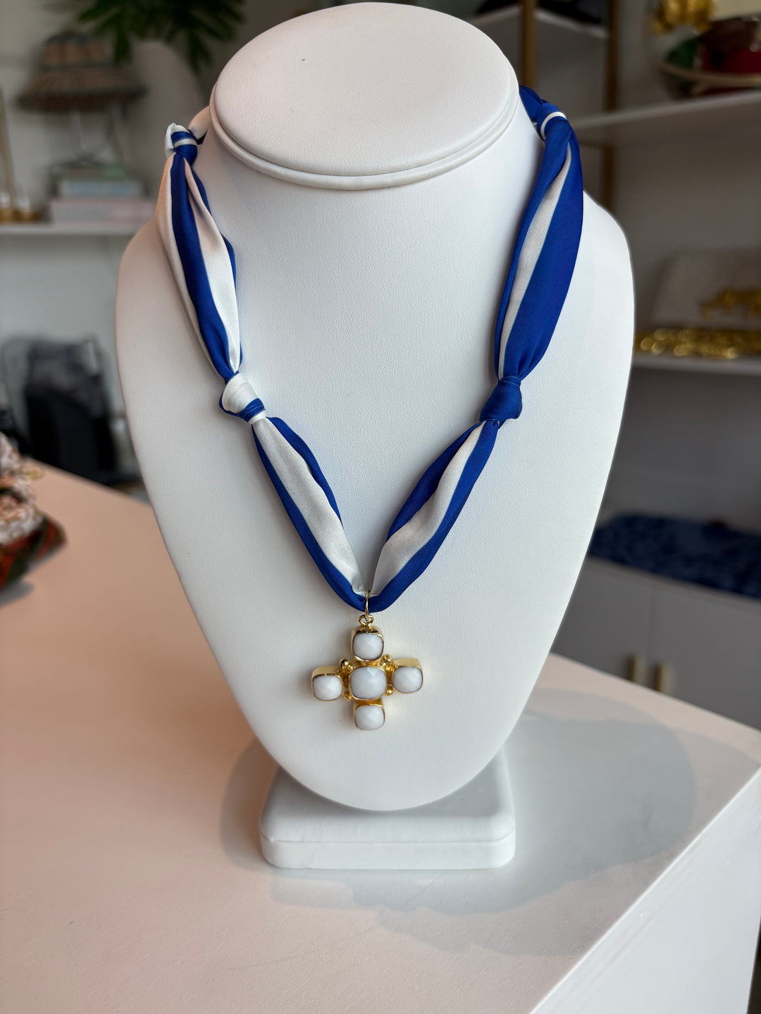 Blue Stripe Scarf Necklace with Pearl Cross