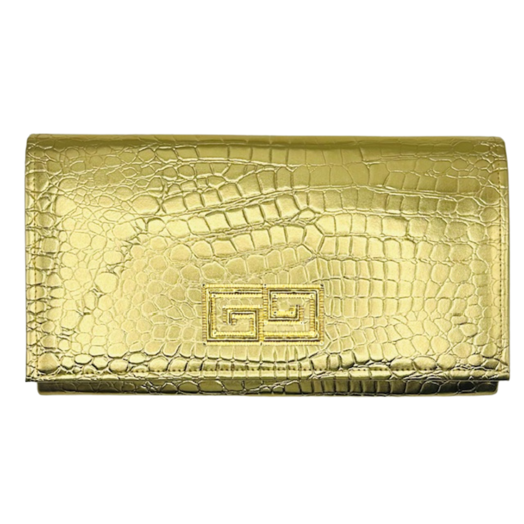 Metallic Gold Faux Croc Gloria Clutch w/ Black Linen Lining: Greek key