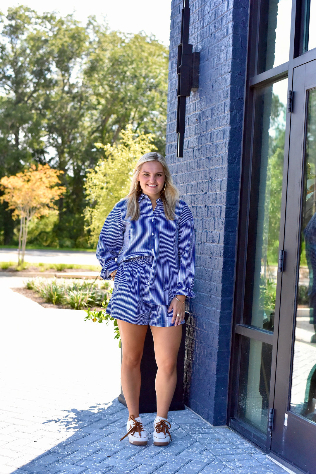 Navy Stripes Button Down Top (set)