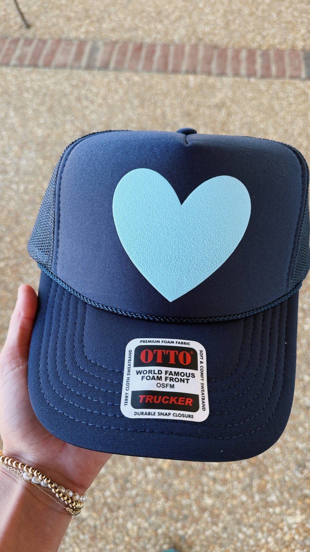 Happy Heart Trucker Hat: Navy + light blue