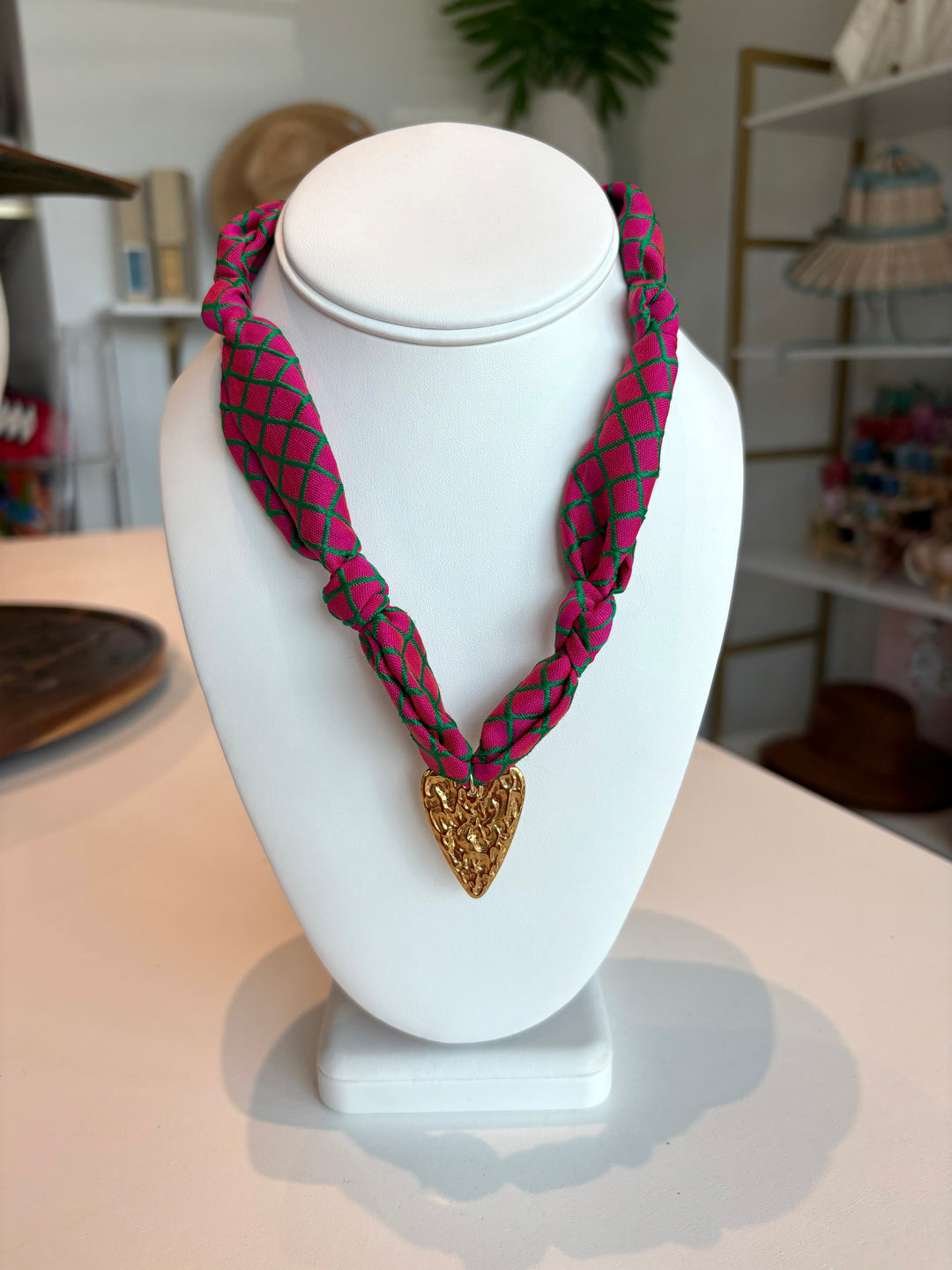 Pink and Green Patterned Scarf Necklace