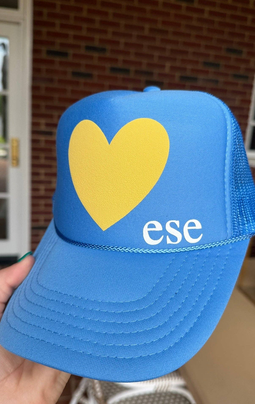 Happy Heart Trucker Hat: Cool blue + yellow