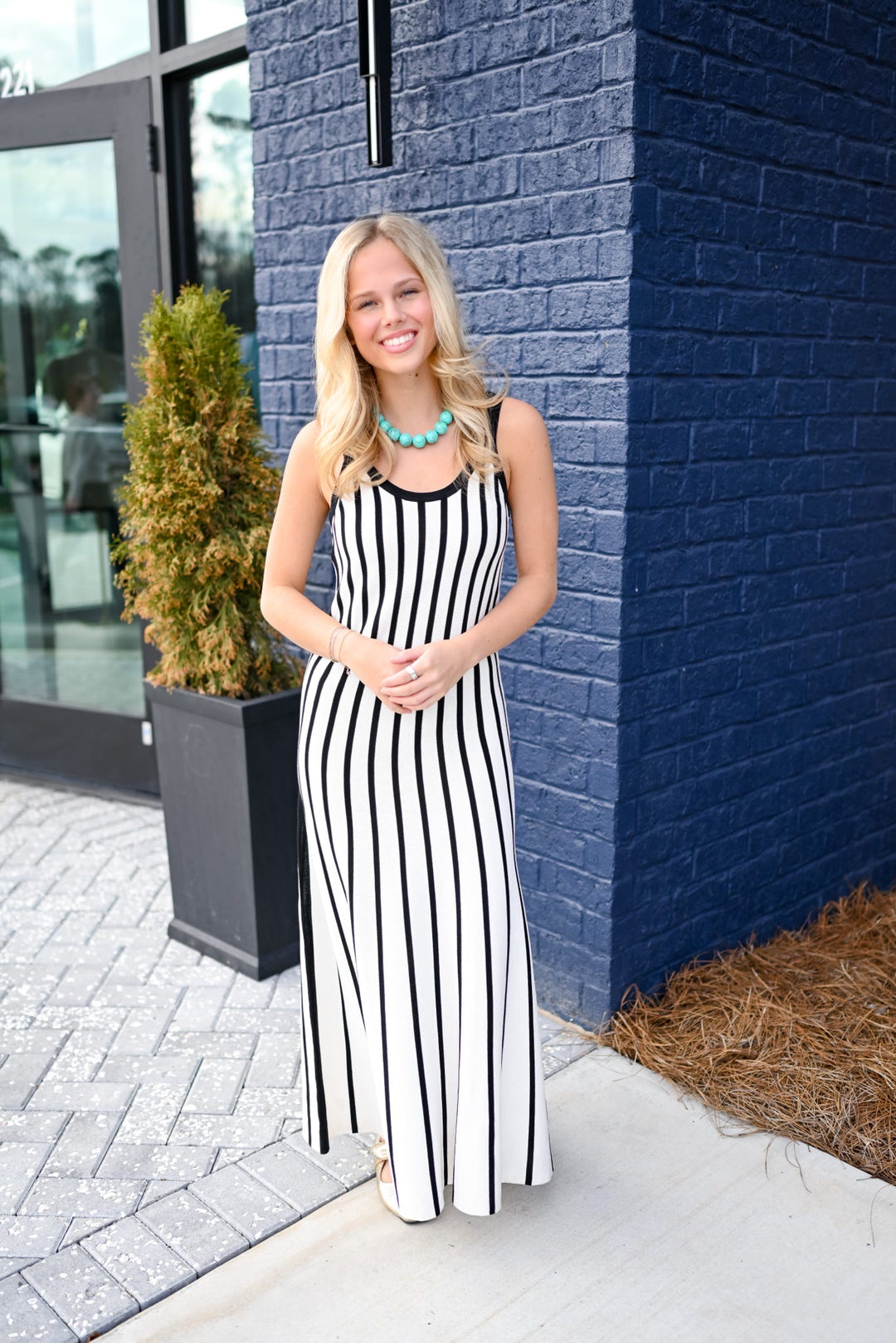 Ivory Striped Sweater Midi Dress