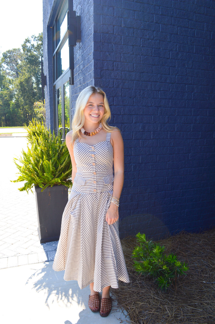 Pleated Midi Dress in Sandstone Stripe