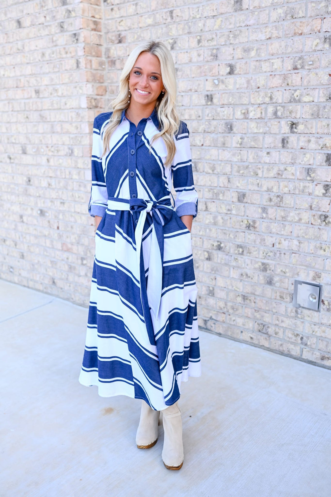 Navy Striped Midi Dress - Joseph Ribkoff