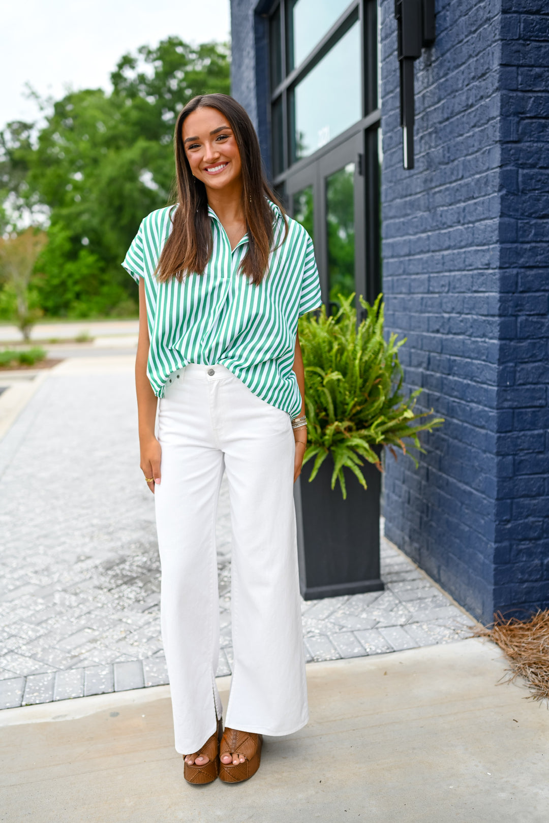 Green Stripe Poplin Top
