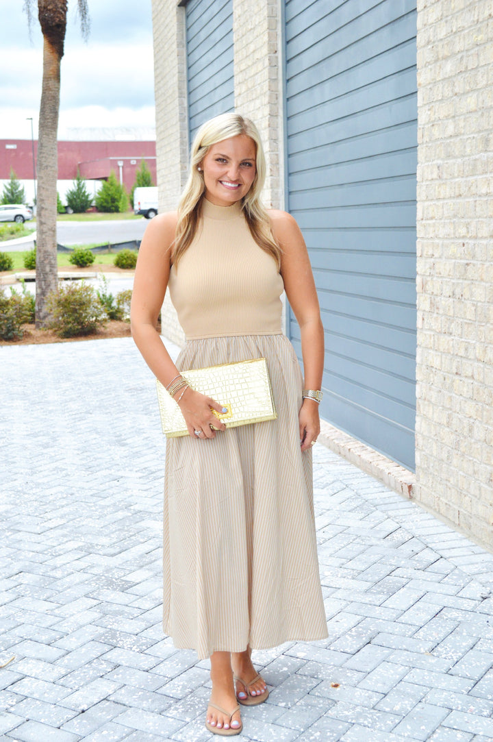 Tan Stripe Mock Neck Maxi Dress