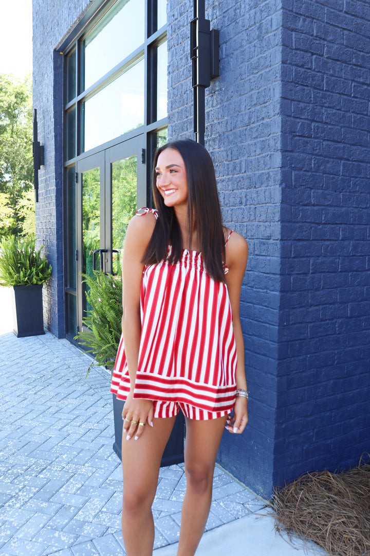 Red Stripe Shorts Set