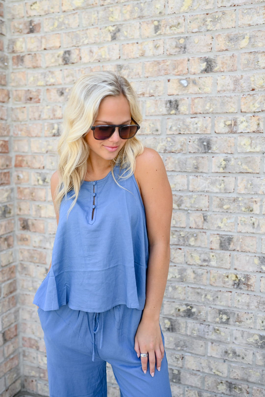 Woven Worn Blue Tank + Pant Set