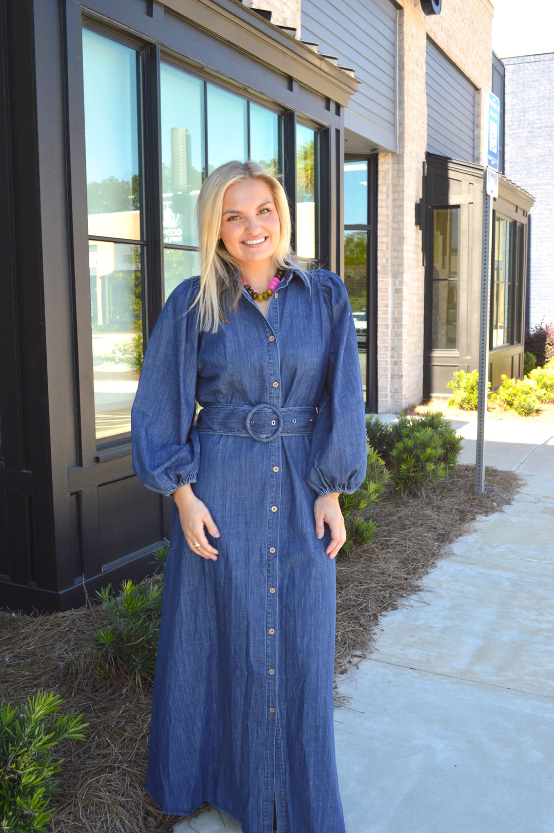 Denim Puff Slv Maxi Dress W/Belt