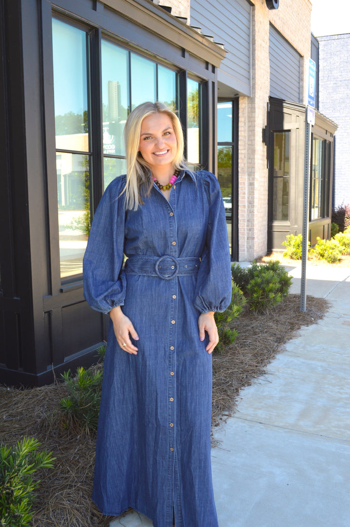 Denim Puff Slv Maxi Dress W/Belt