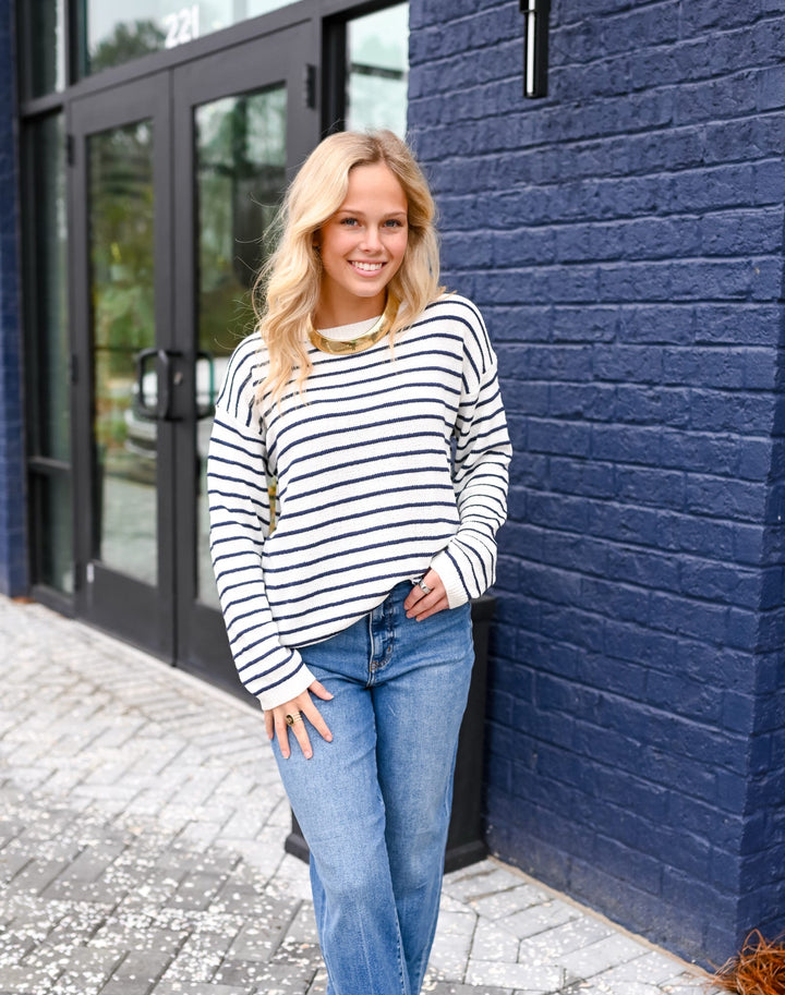 Off White Navy Striped Sweater