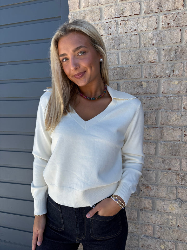 Cream Knit Pearl V-Neck Sweater