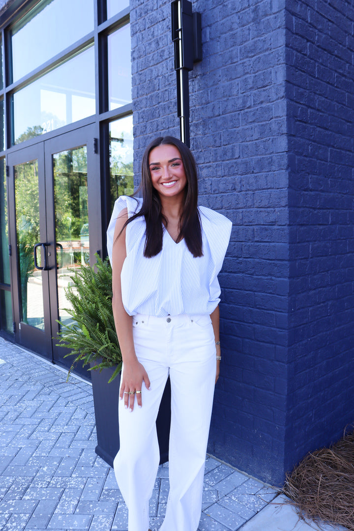 Striped Poplin V-Neck Bubble Top