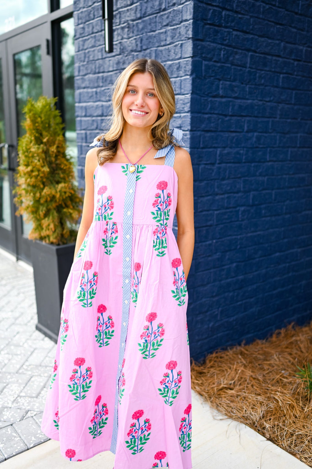 Pink Floral Tie Strap Midi Dress