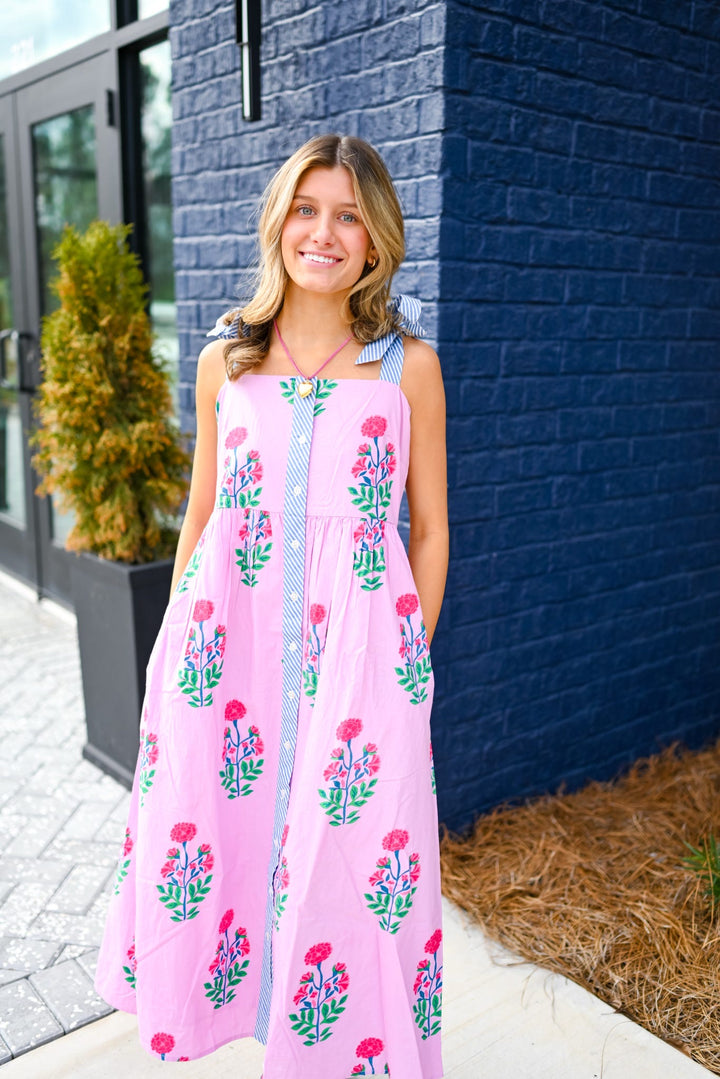Pink Floral Tie Strap Midi Dress