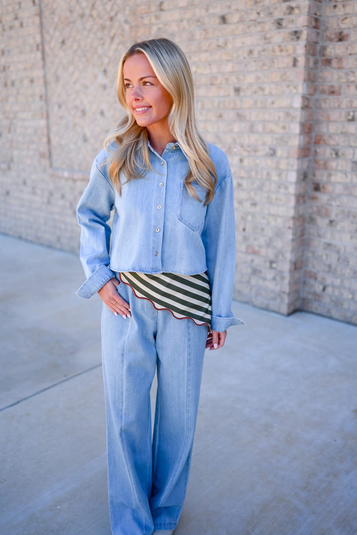 Pintuck Denim Pant Set