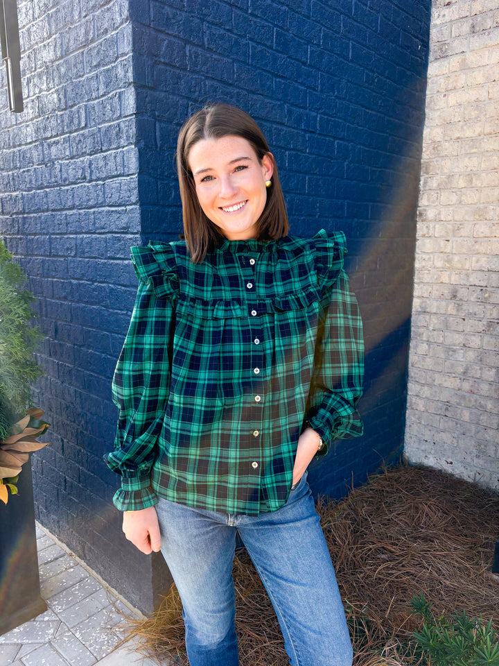 Green Ruffle Plaid Blouse