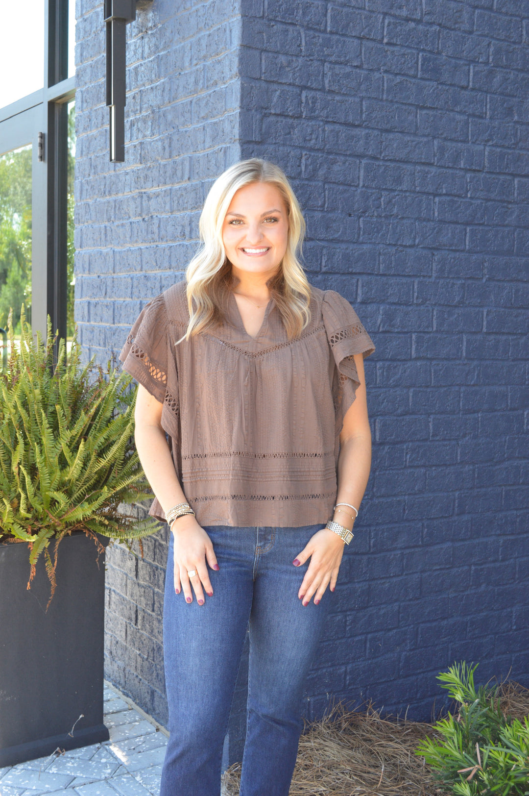 Brown Flutter Sleeve Top