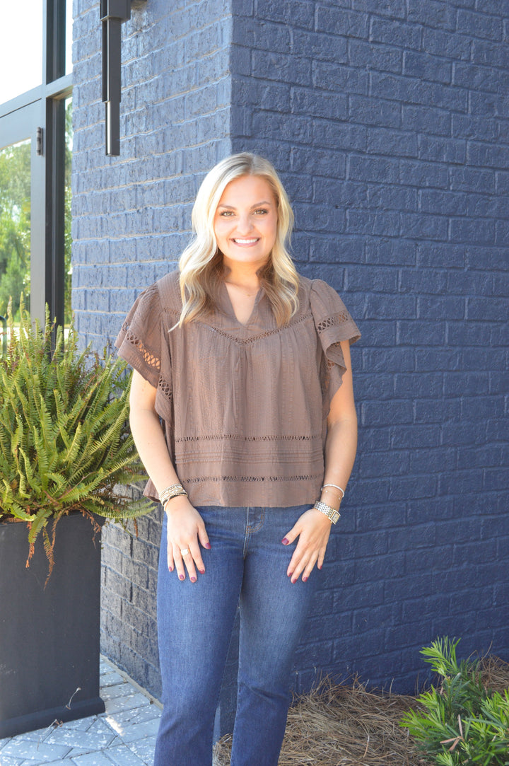 Brown Flutter Sleeve Top