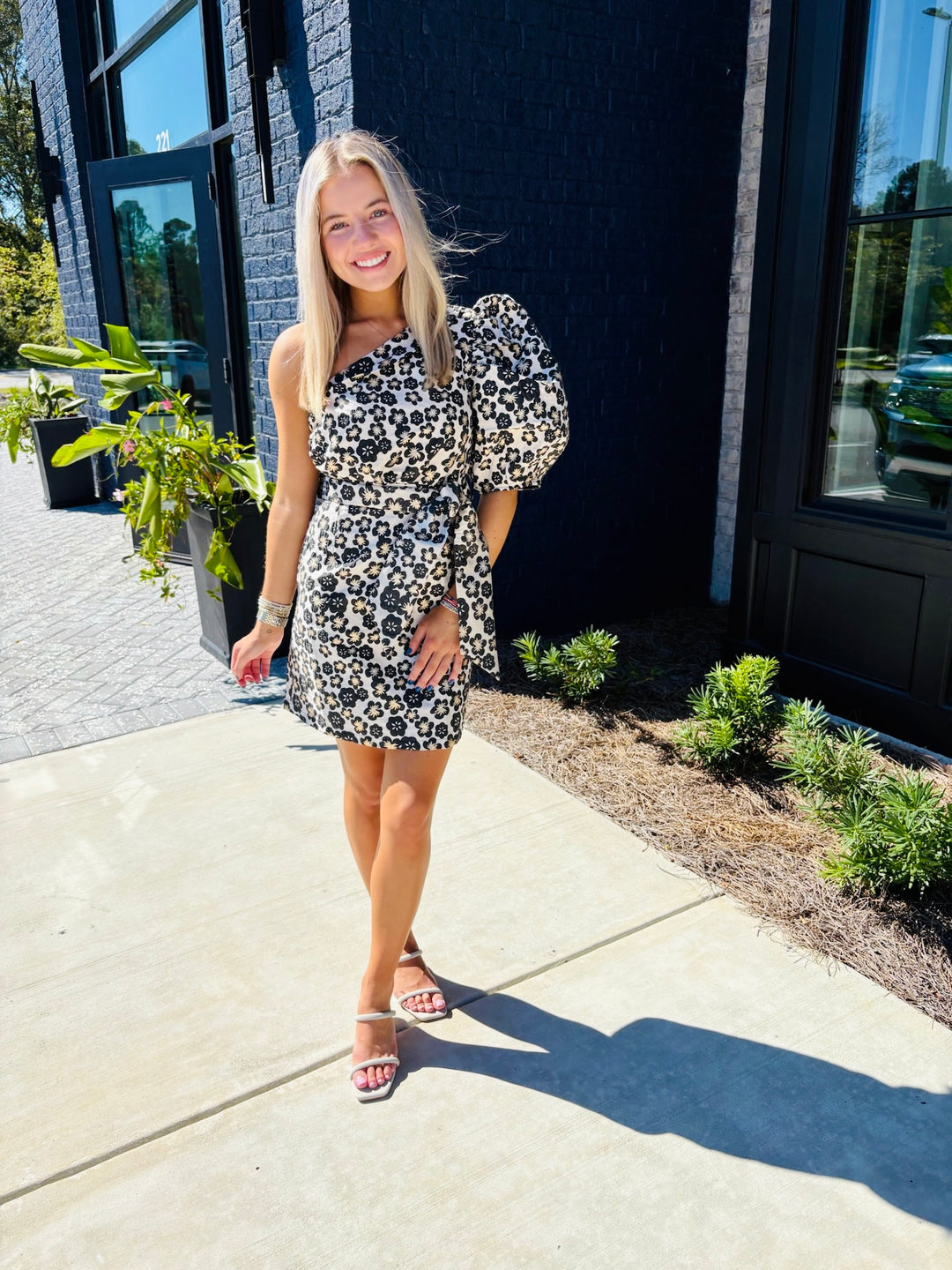 Black Jacquard One Shoulder Dress