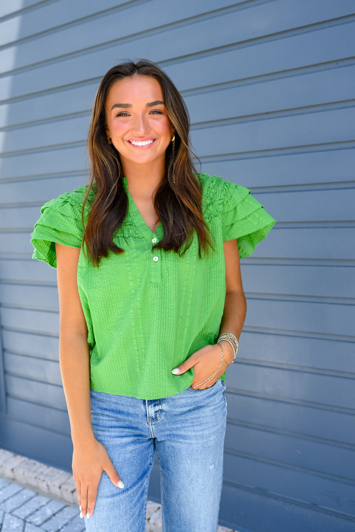 Green Flutter Sleeve Ruffle Top