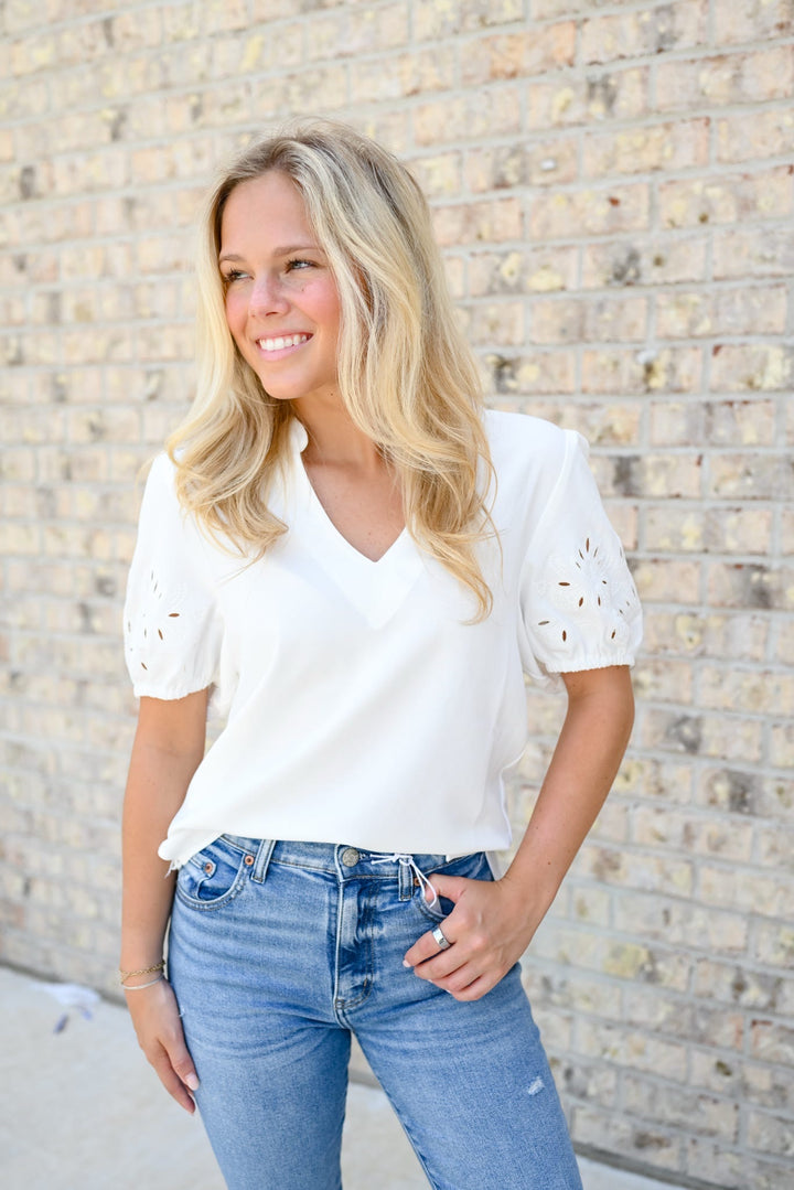 White Eyelet Sleeve V-Neck Top