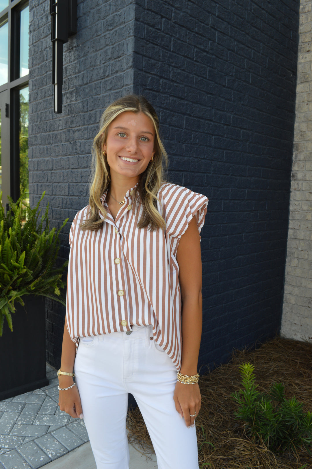 Brown Stripe Bubble Sleeve Top