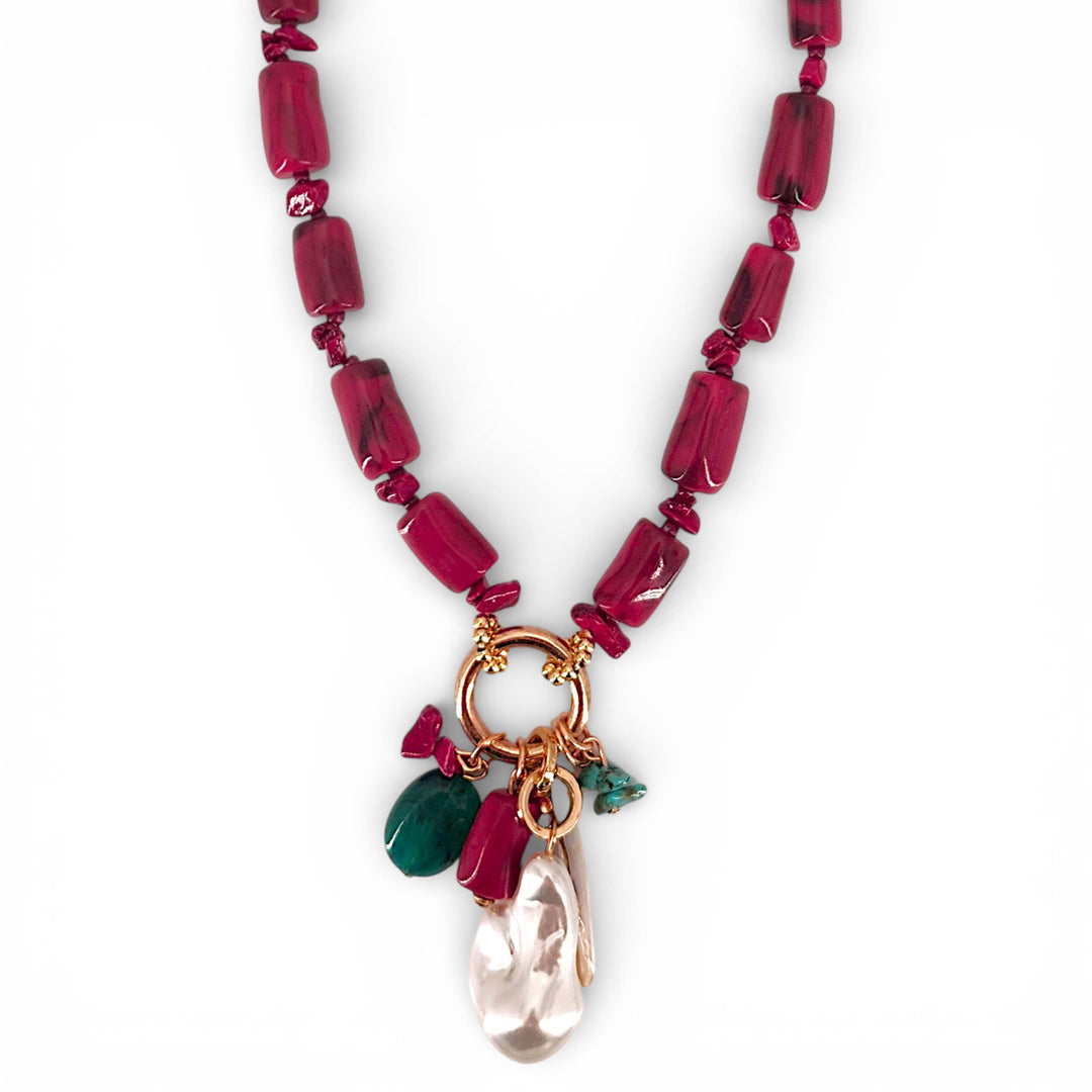 Red Coral & Pearl Beaded Charm Necklace