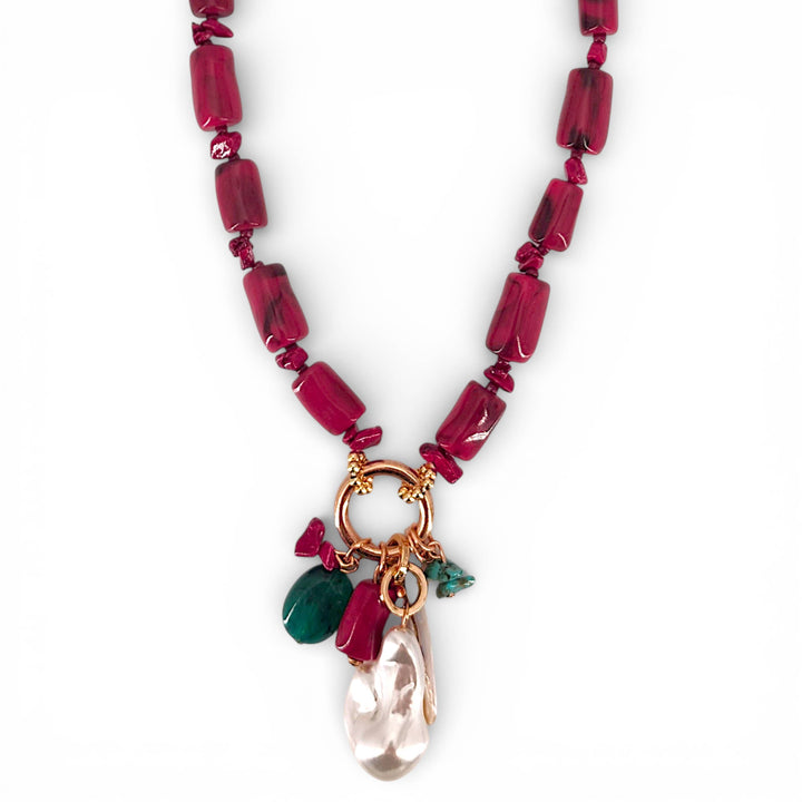 Red Coral & Pearl Beaded Charm Necklace