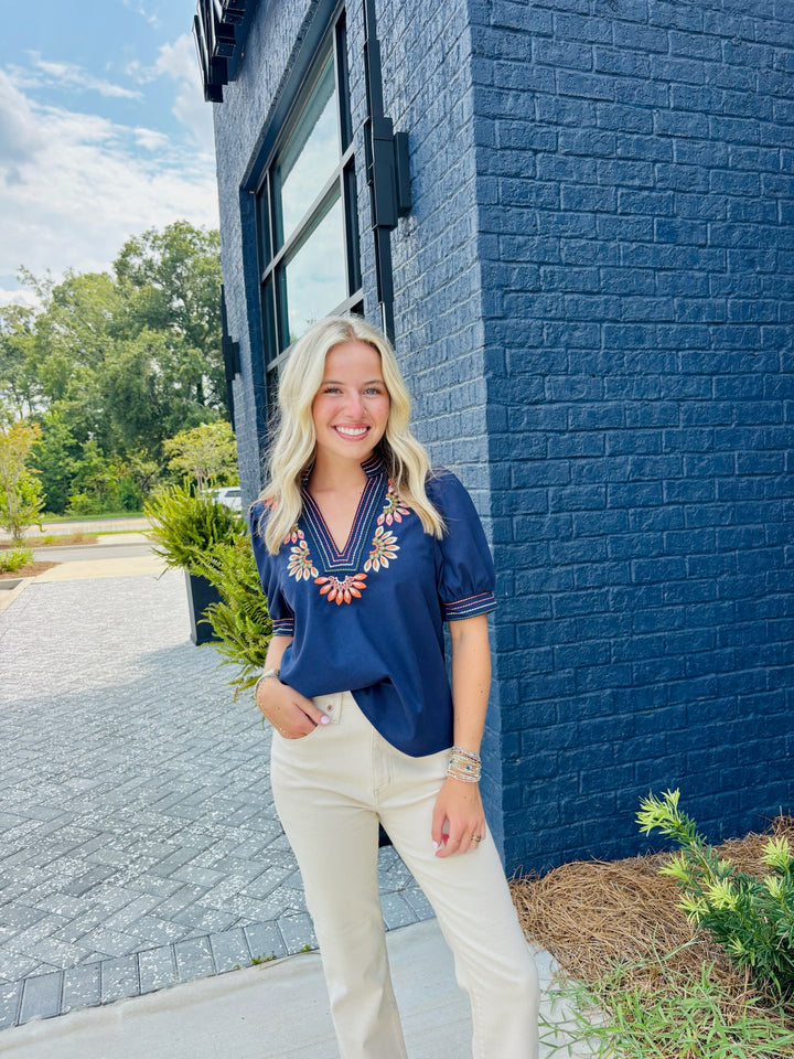 Navy Embroidered Sleeve Top