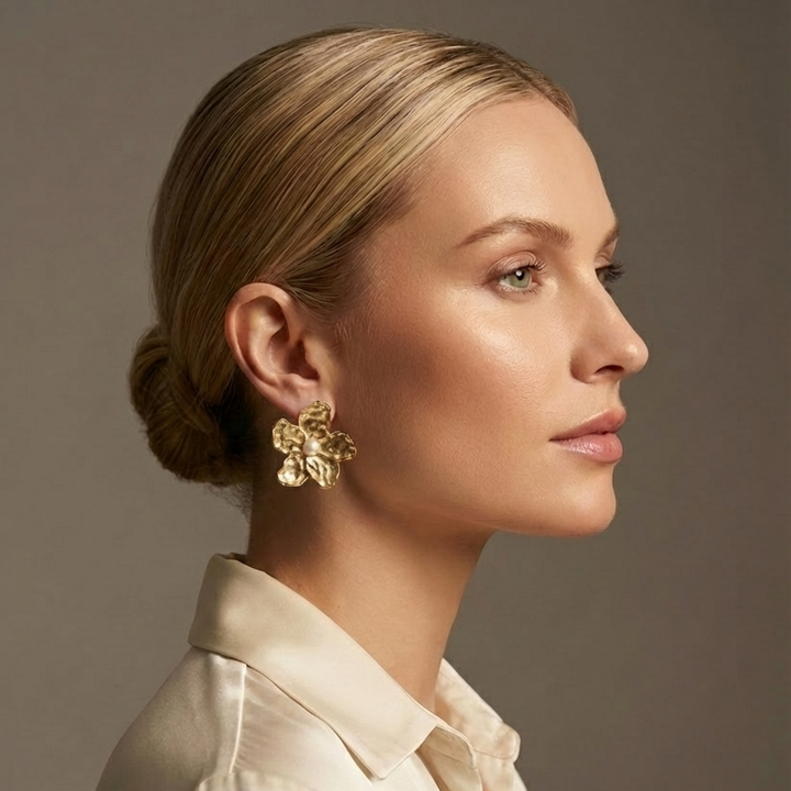 Golden Hibiscus Flower Earrings