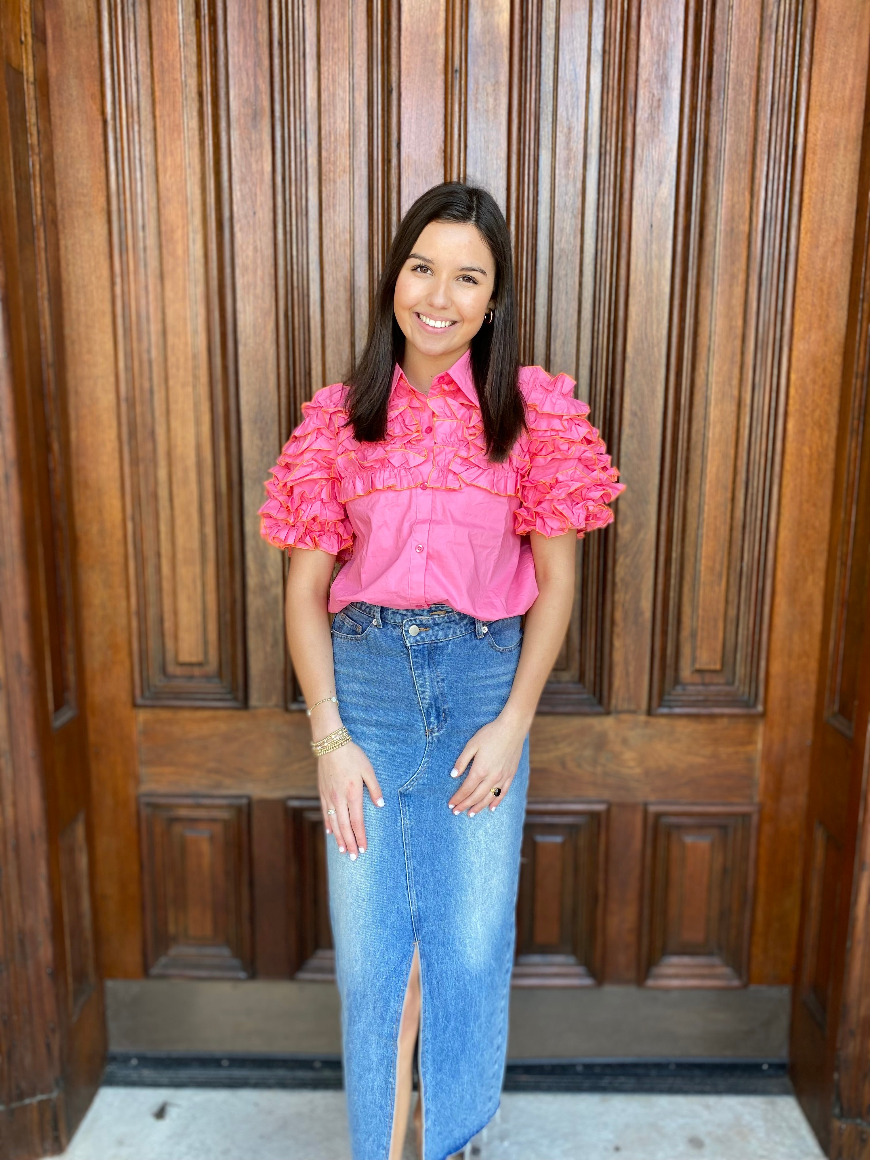 Pink Ruffle Button Up