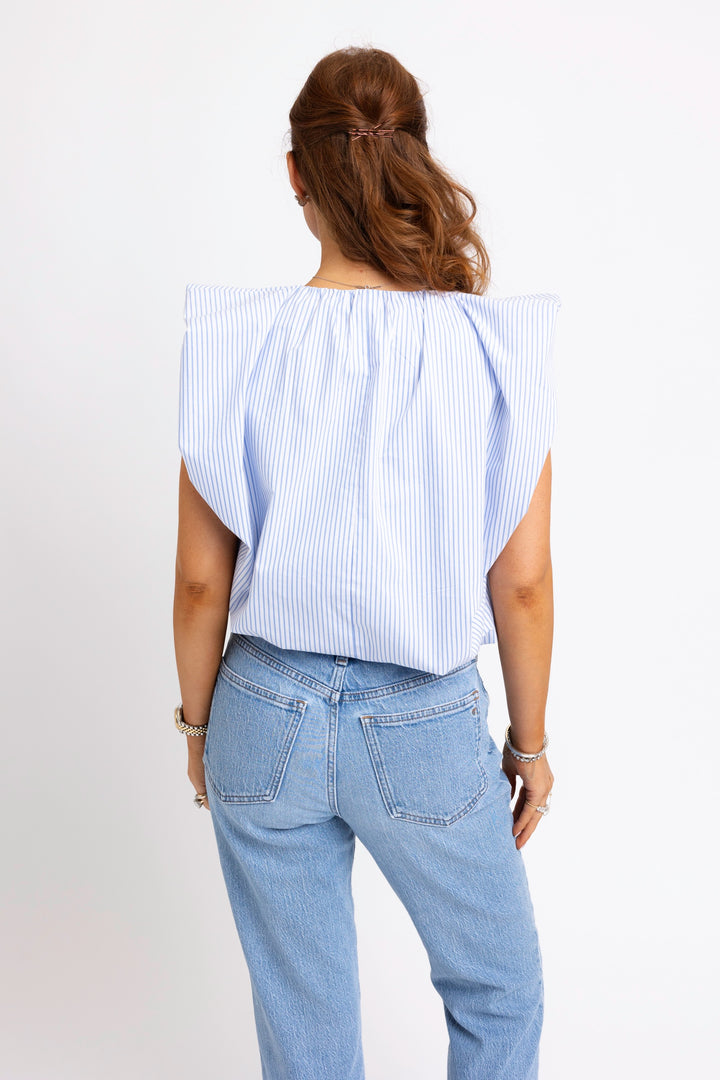 Striped Poplin V-Neck Bubble Top