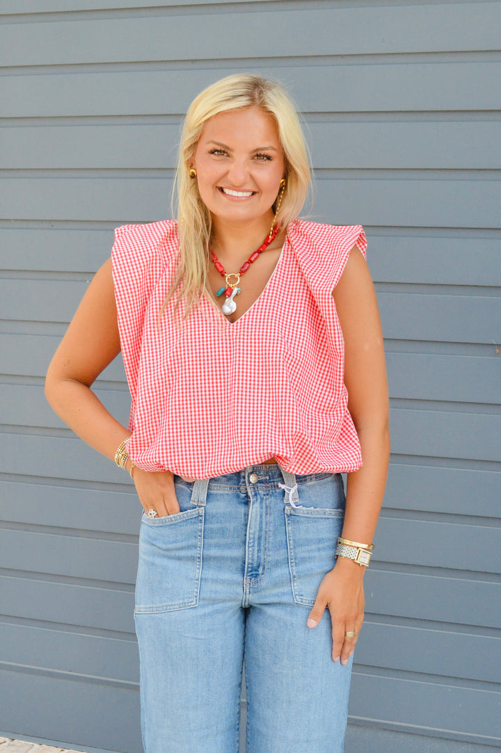 Poplin V-Neck Gingham Sleeveless Top