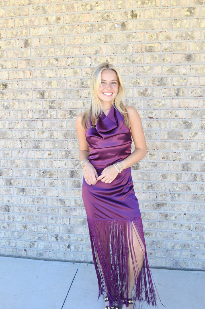 Satin Cowl Neck Fringe Halter Midi Dress
