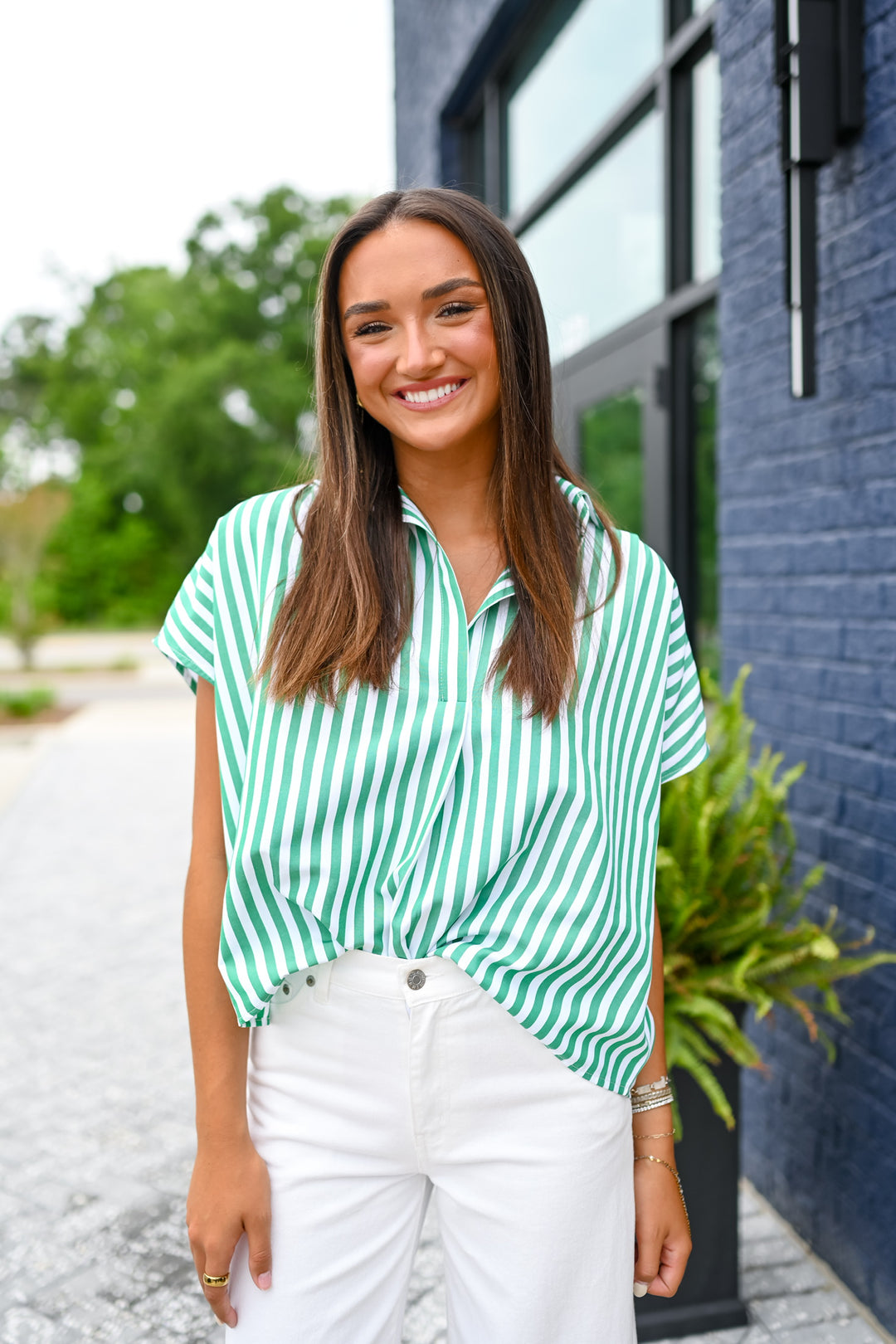 Green Stripe Poplin Top