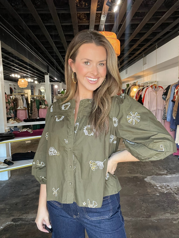 Olive Bubble Sleeve Button Down Top