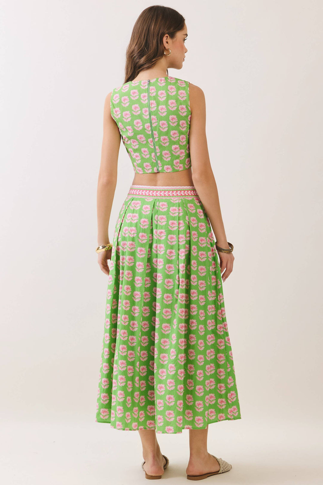 Green Floral Print Midi Skirt