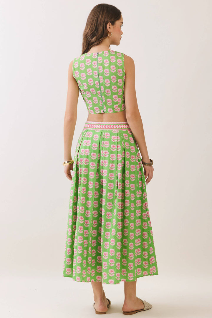 Green Floral Print Midi Skirt