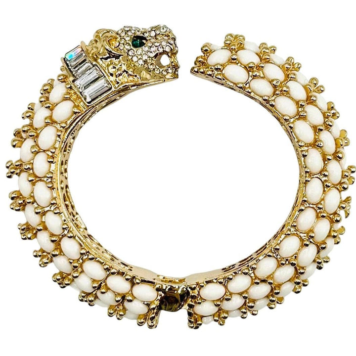 Beaded Leopard Hinged Bracelet in White