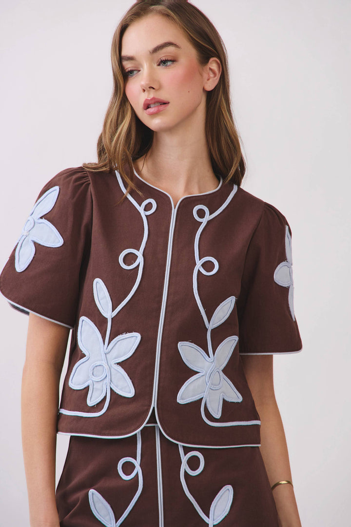 Chocolate Appliqué Floral Skirt Set