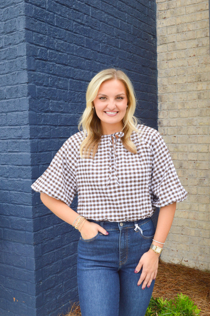 The Tatum Bubble Top in Chocolate Seer Gingham