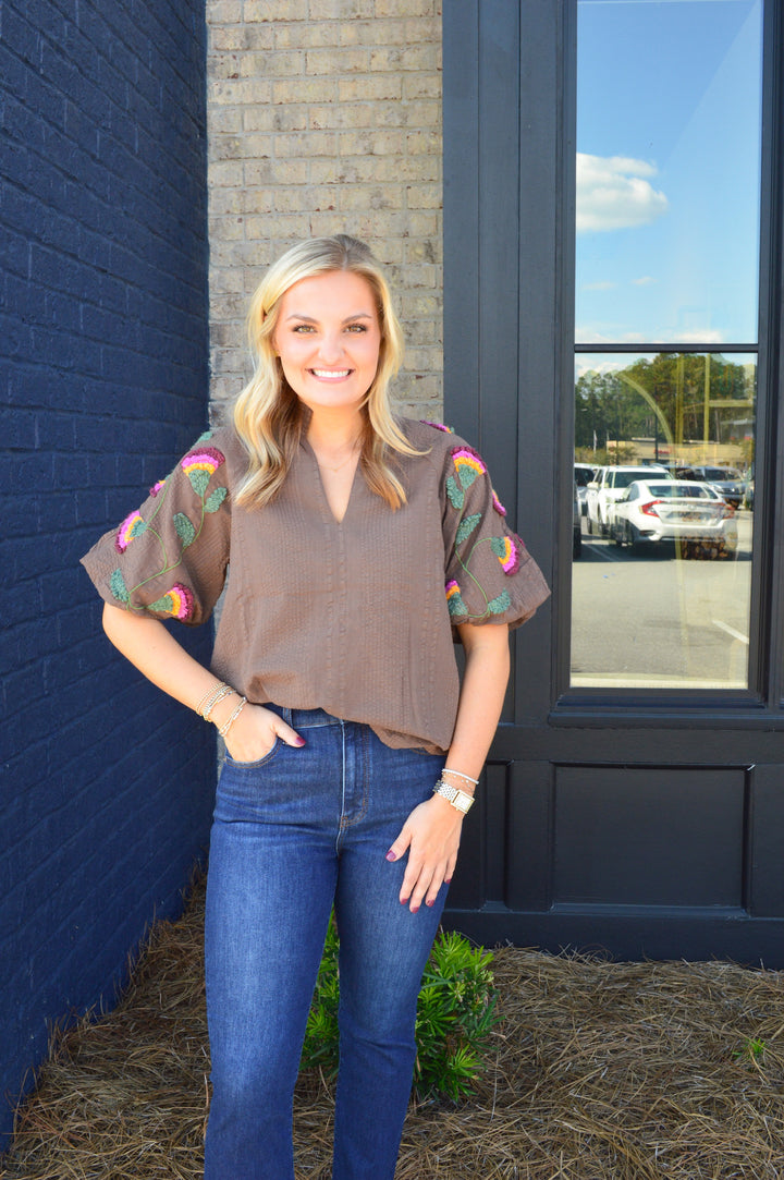 Brown Flower Embroidered Sleeve Top