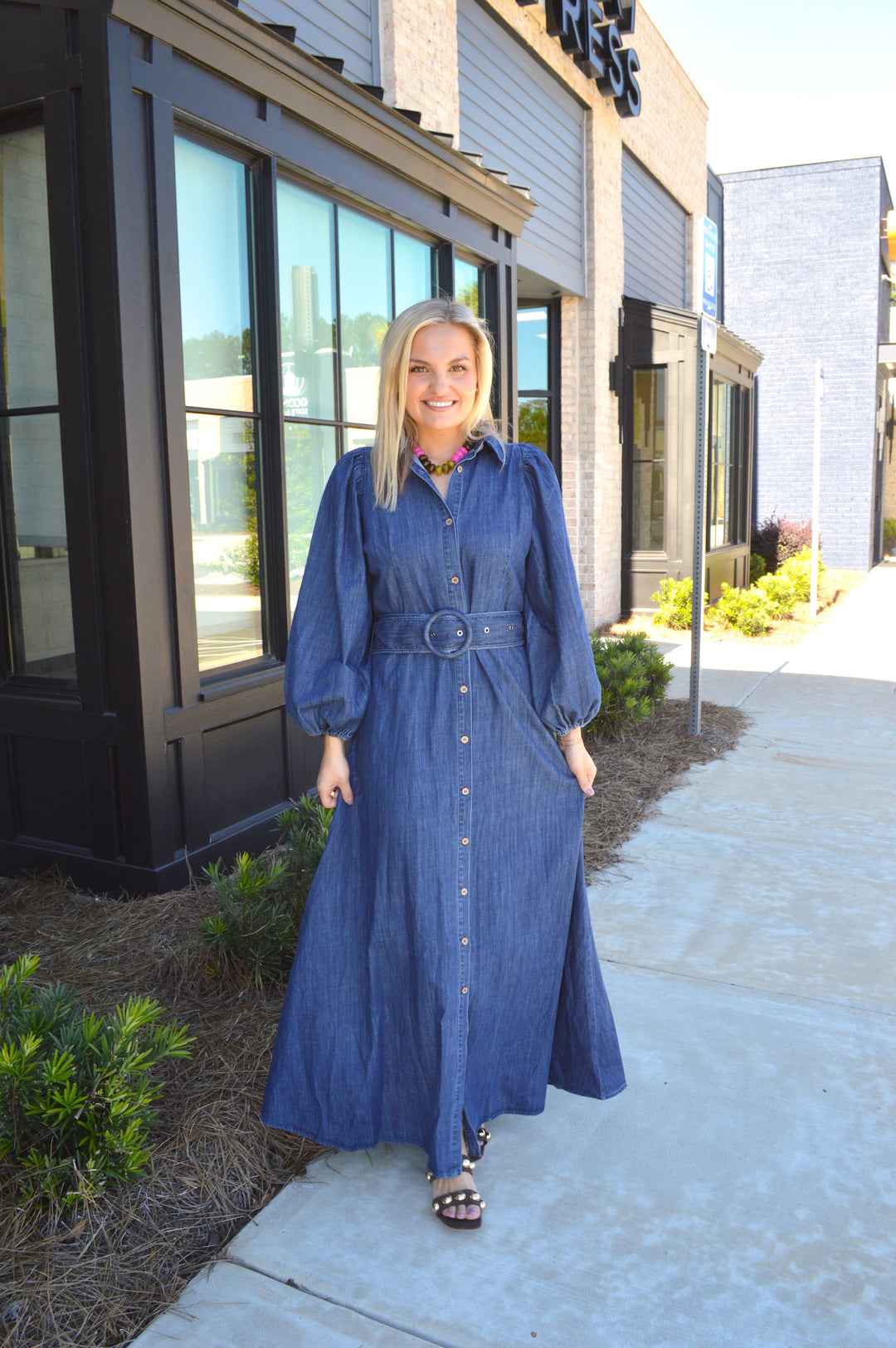 Denim Puff Slv Maxi Dress W/Belt