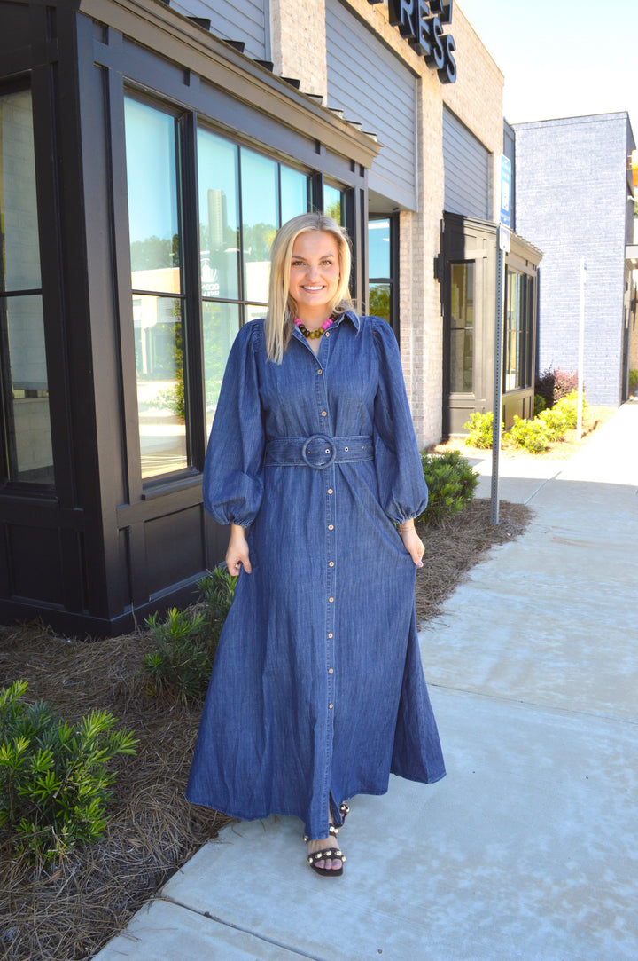 Denim Puff Slv Maxi Dress W/Belt