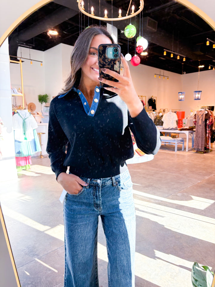 Denim and Knit Collared Sweater
