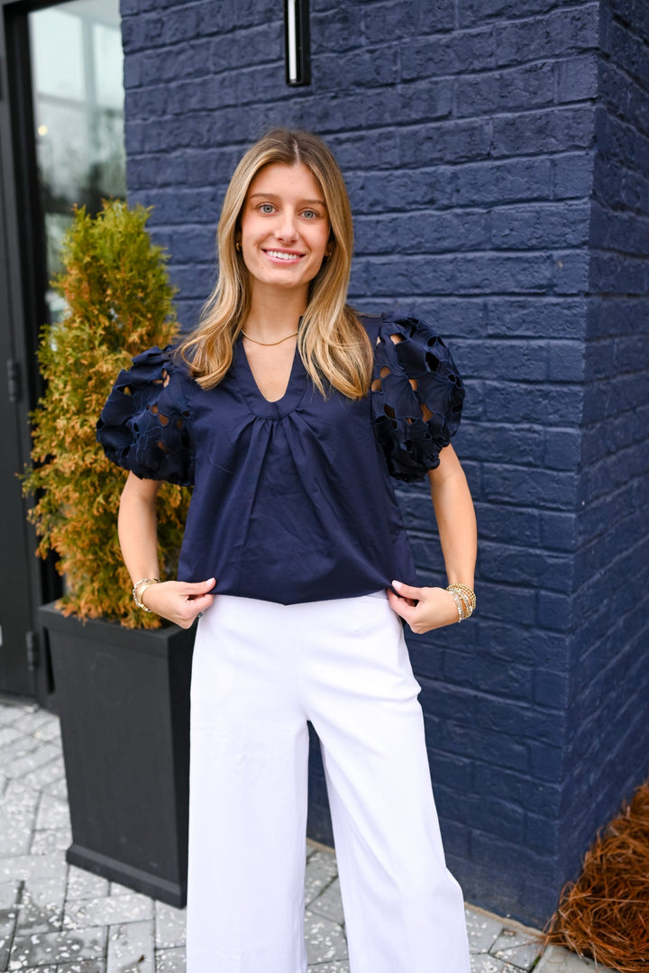 Navy Eyelet Sleeve V-Neck Top