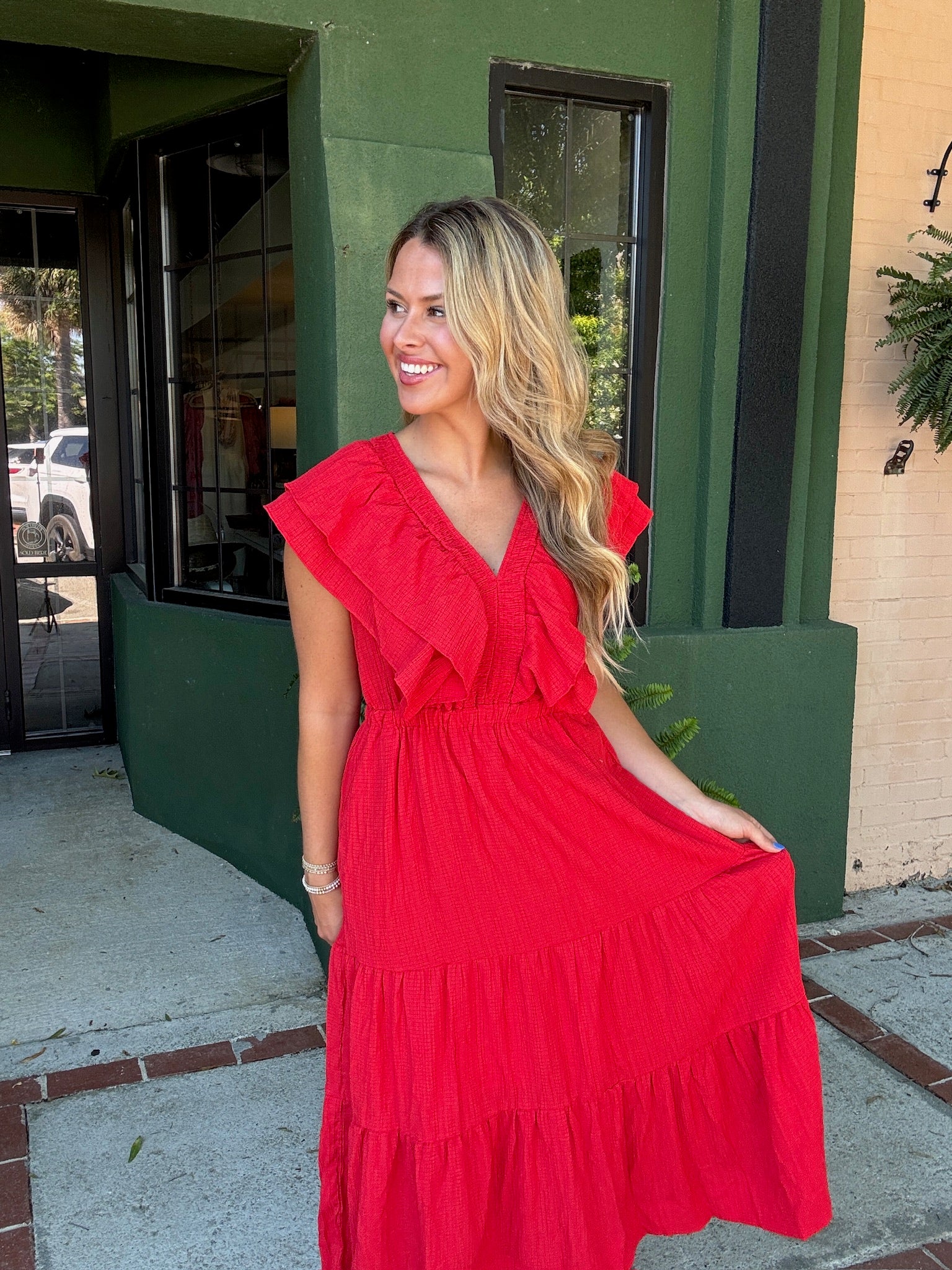 Red Flutter Sleeve Dress