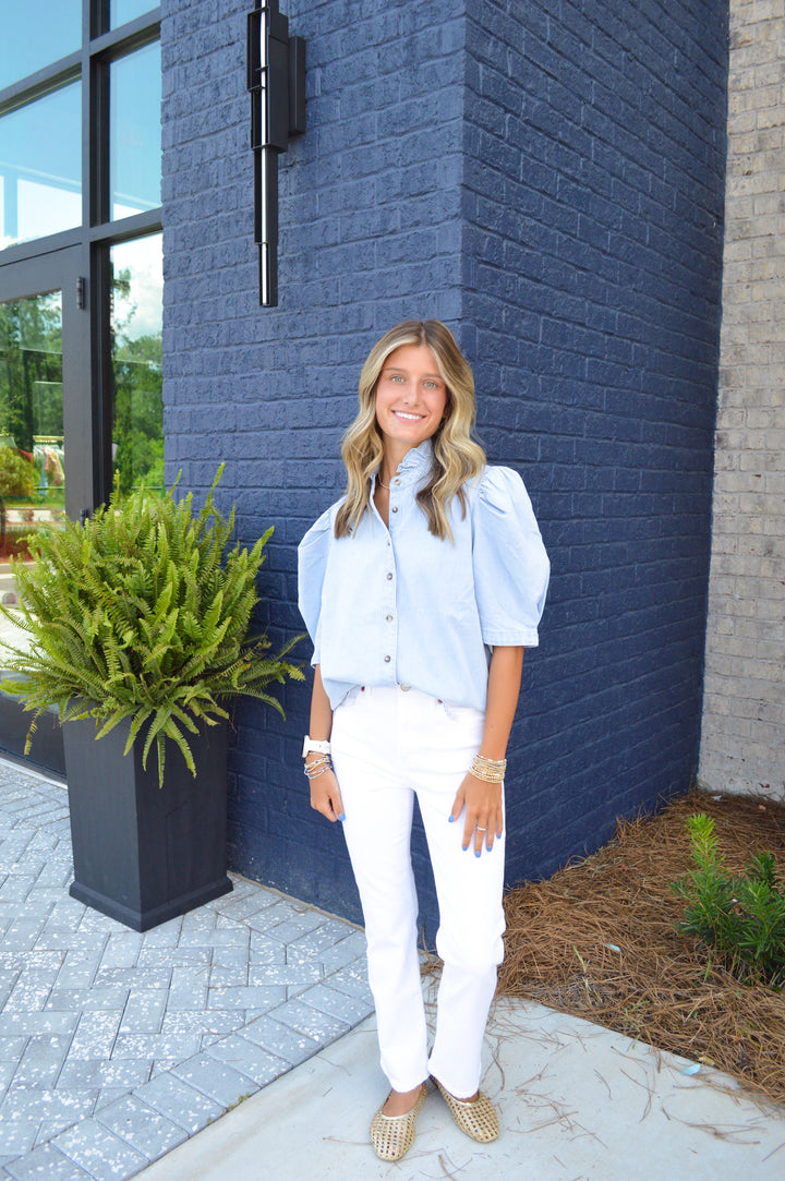 Denim Ruffle Neck Button Top